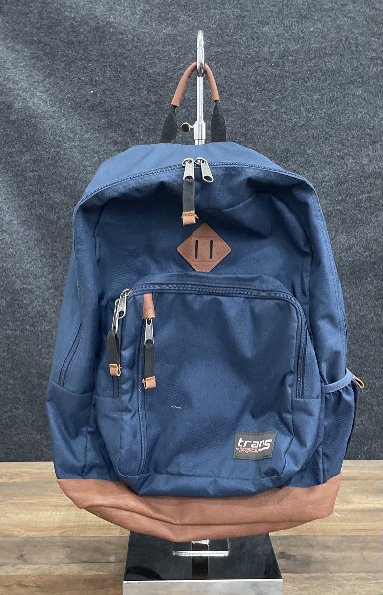 Trans by JanSport Navy Blue Backpack Brown Faux Leather Base Multi-Pocket