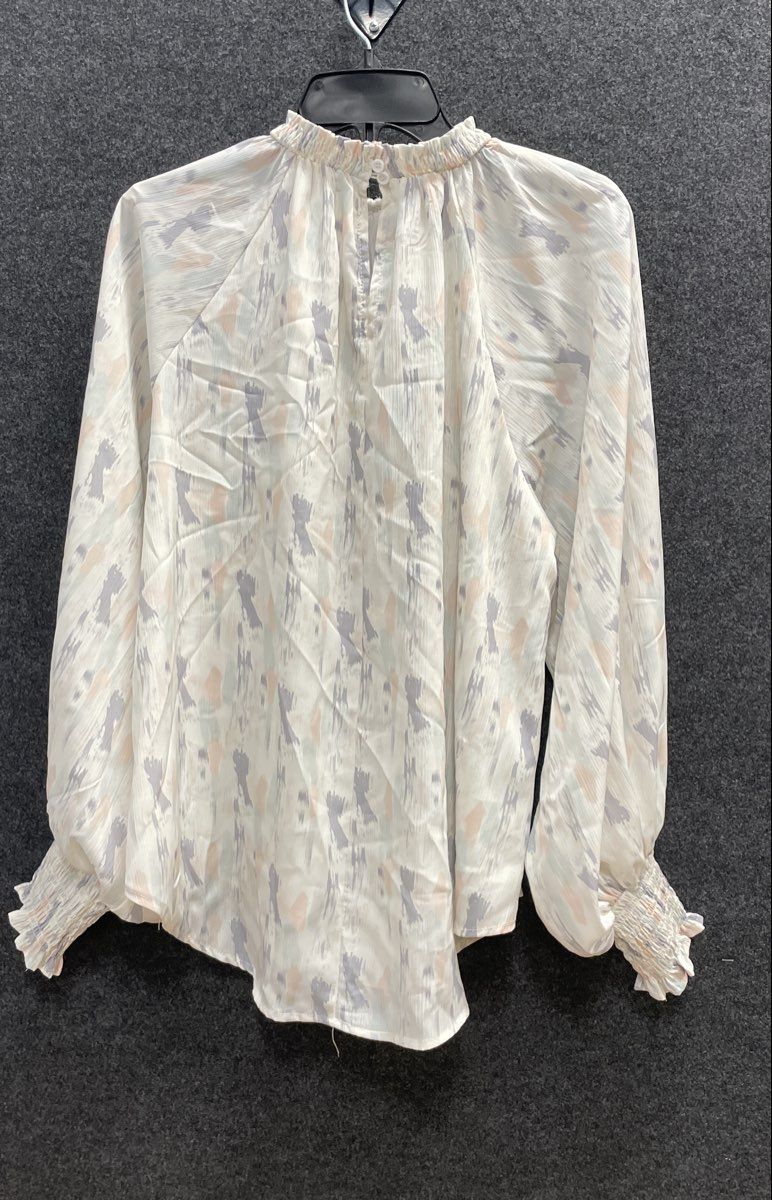Glam Women's Blouse White Multicolor Abstract Print Smocked High Neck NWT Sz L