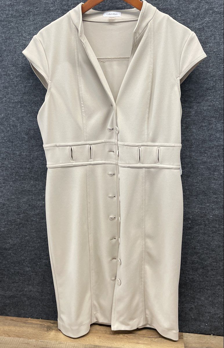 Calvin Klein Women's Beige Sleeveless Button Front Belted Coat Dress Sz 12