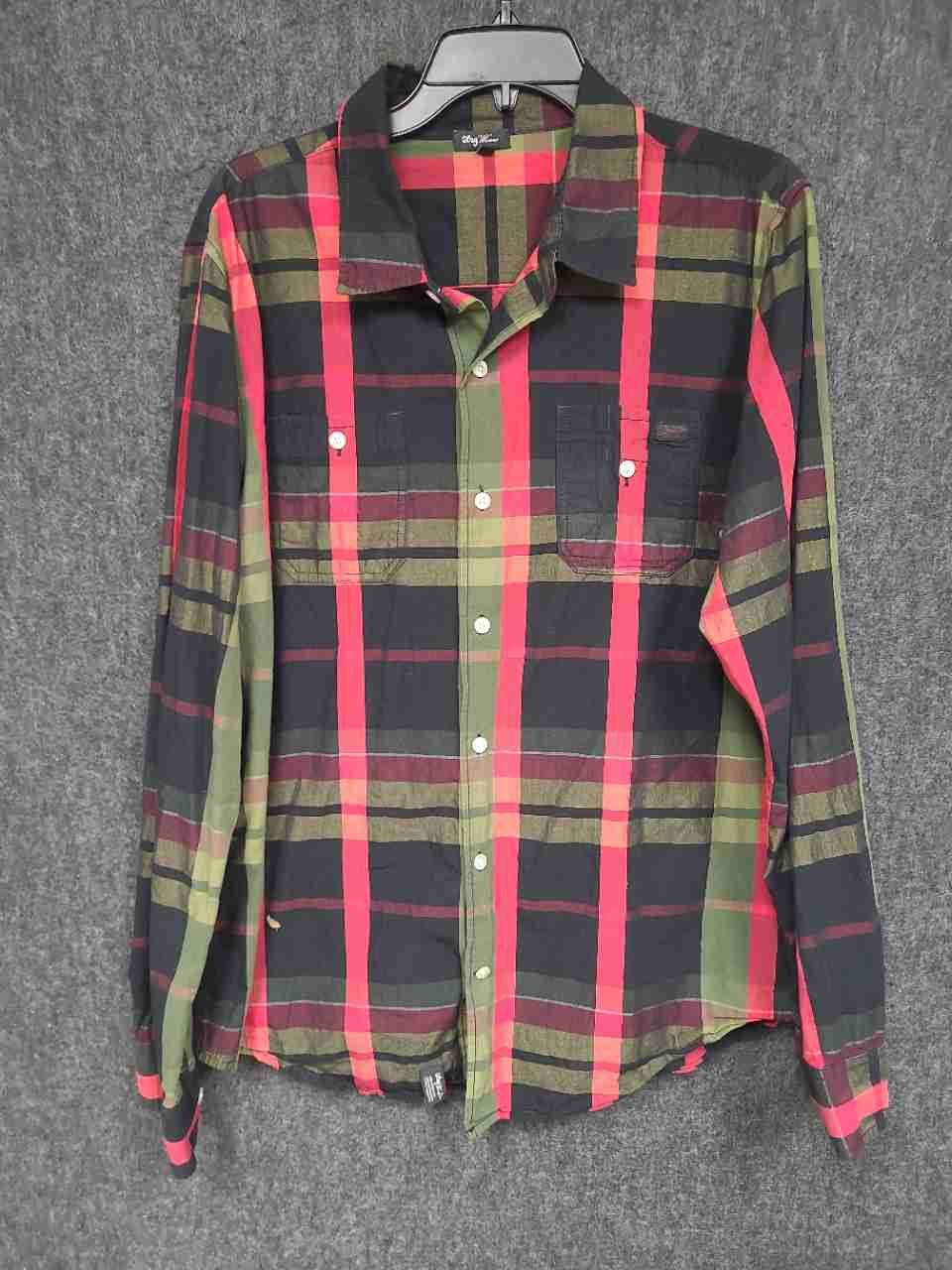 LRG Men's Long Sleeve Button Up Shirt Red Black Olive Green Plaid Size L