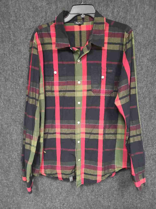 LRG Men's Long Sleeve Button Up Shirt Red Black Olive Green Plaid Size L
