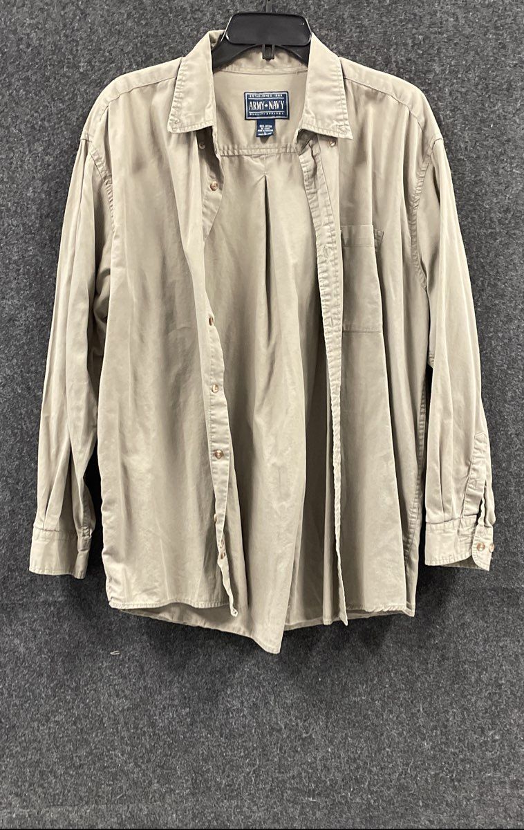 Army Navy Men's Tan Cotton Khaki Long Sleeve Button Down Workwear Shirt Sz L