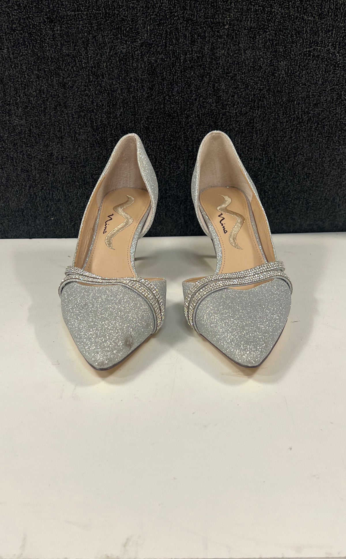 Nina Brystol Silver Glitter Rhinestone d'Orsay Pointed Toe Pump Size 8M