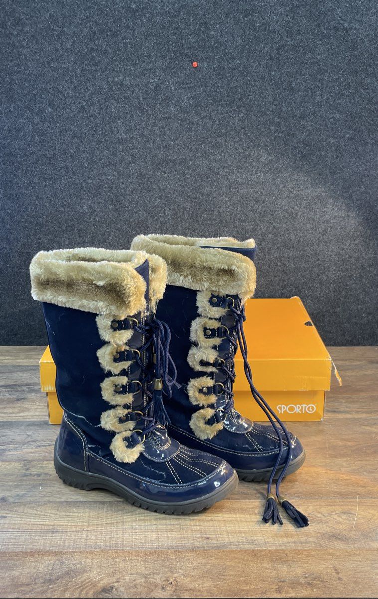Sporto Navy Blue Patent Faux Fur Tassel Winter Snow Boots Women's Size 11