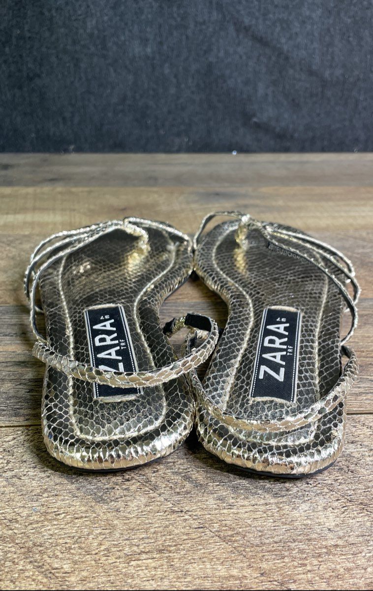 Zara TRF Metallic Silver Snakeskin Strappy Flat Sandals Women's Size 37 US 7