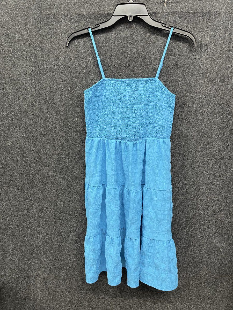 Women's Blue Smocked Tiered Spaghetti Strap Crinkle Texture Dress Sz M