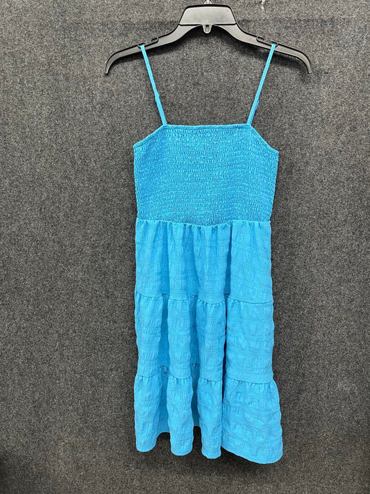 Women's Blue Smocked Tiered Spaghetti Strap Crinkle Texture Dress Sz M