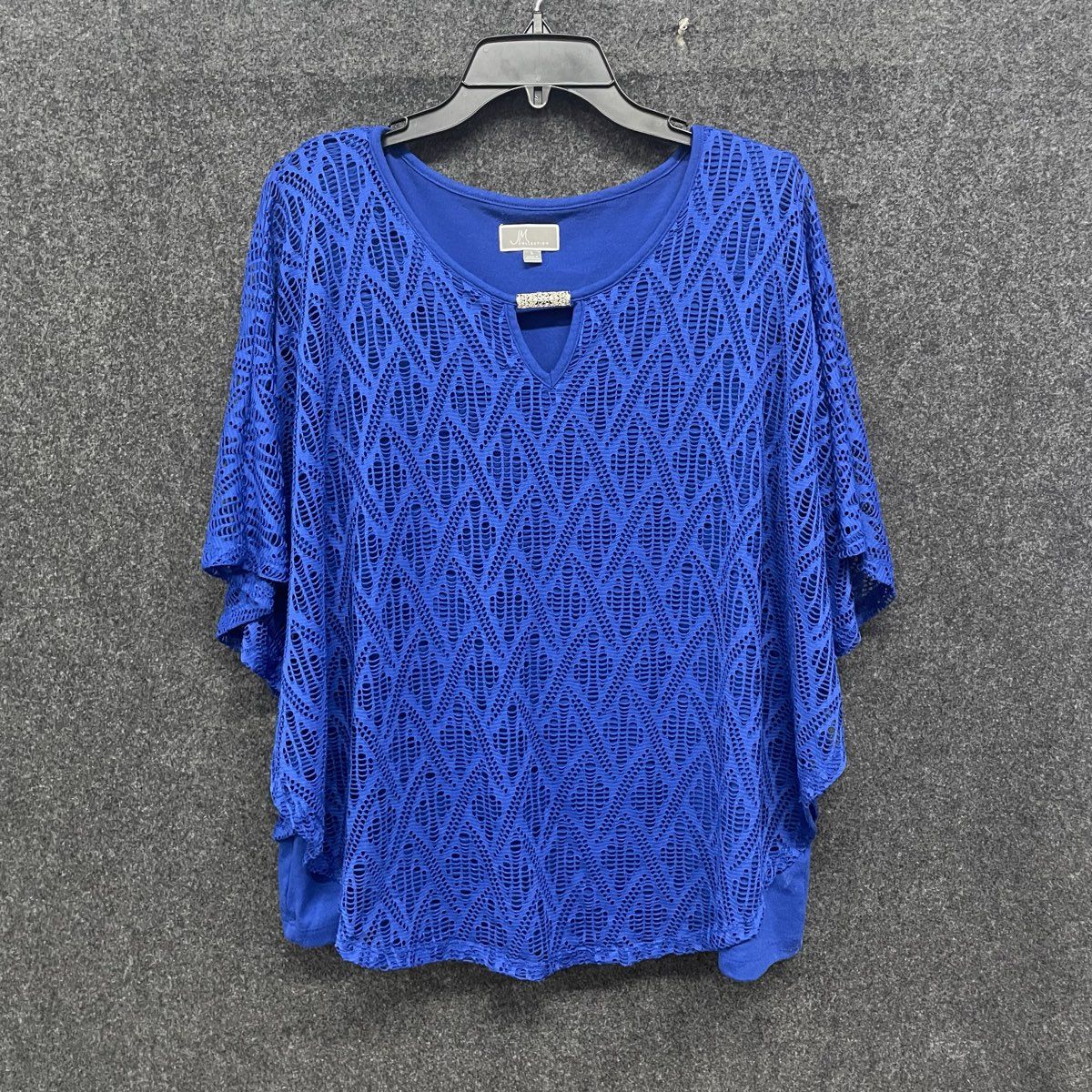 JM Collection Women's Blue Geometric Crochet Overlay Keyhole Blouse Sz L