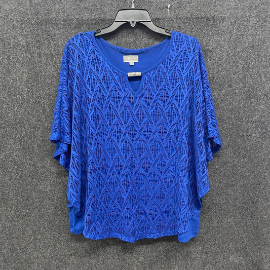 JM Collection Women's Blue Geometric Crochet Overlay Keyhole Blouse Sz L