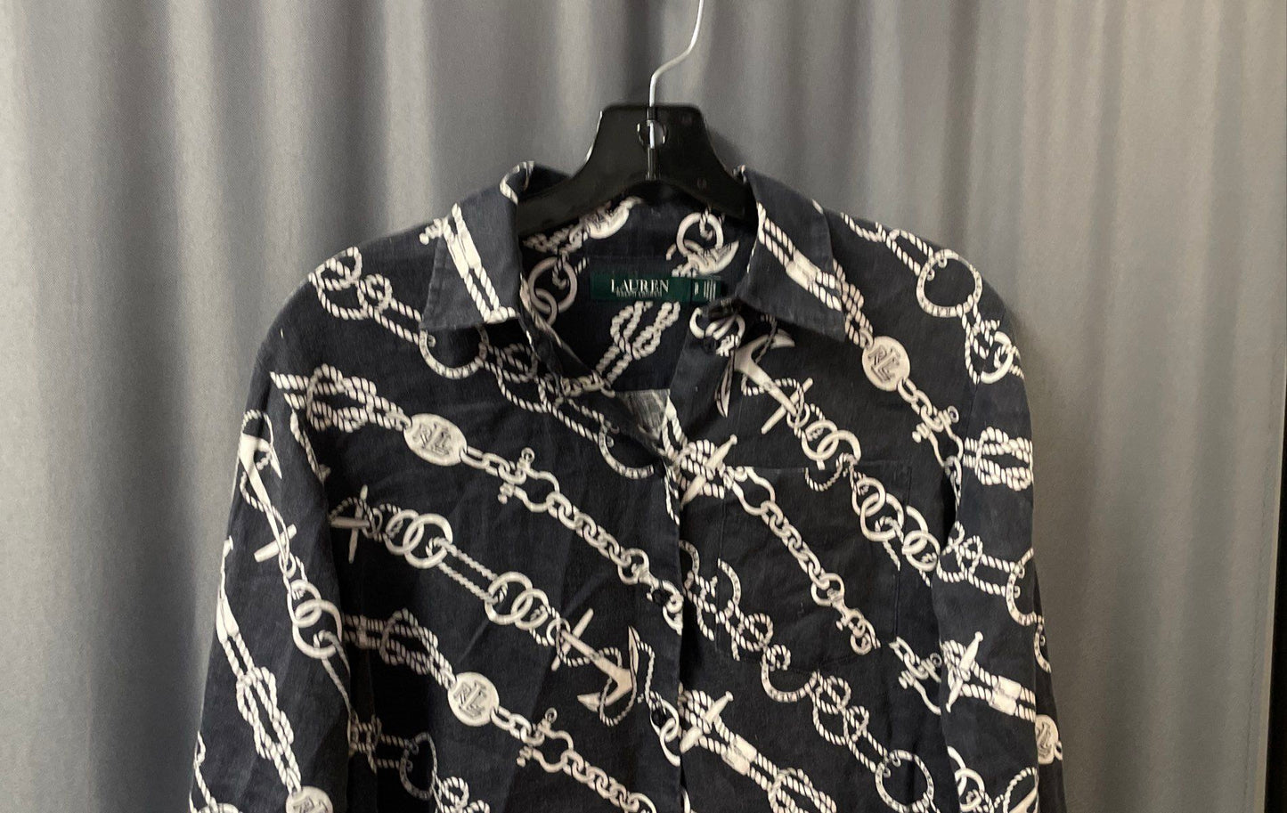 Lauren Ralph Lauren Women's Navy Nautical Rope Anchor Print 100% Linen Shirt SP