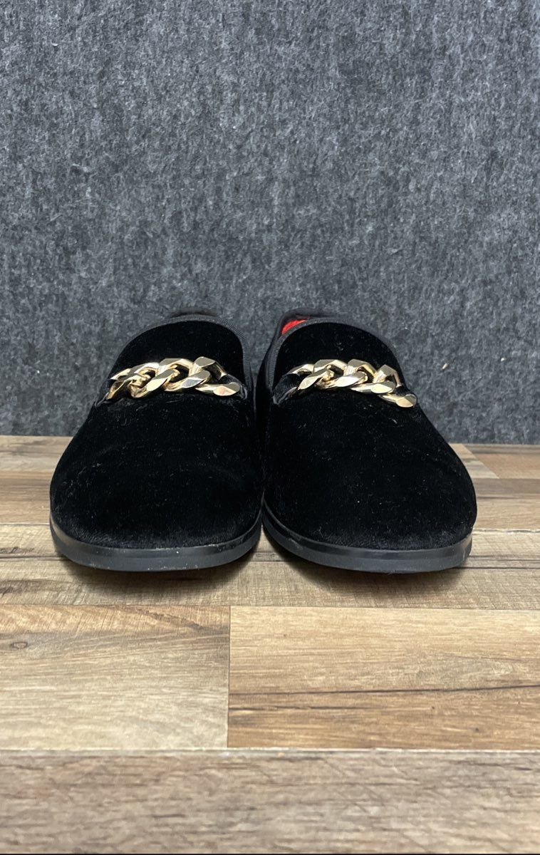 FOEVTRUE Black Velvet Gold Chain Slip-On Loafers Dress Shoes Size 44 US 10.5-11