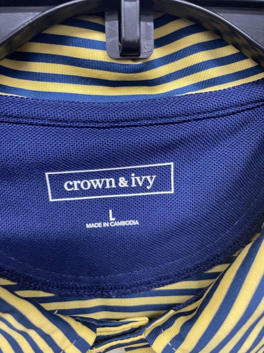 Crown & Ivy Men's Yellow Navy Striped Short Sleeve Stretch Polo Shirt Sz L