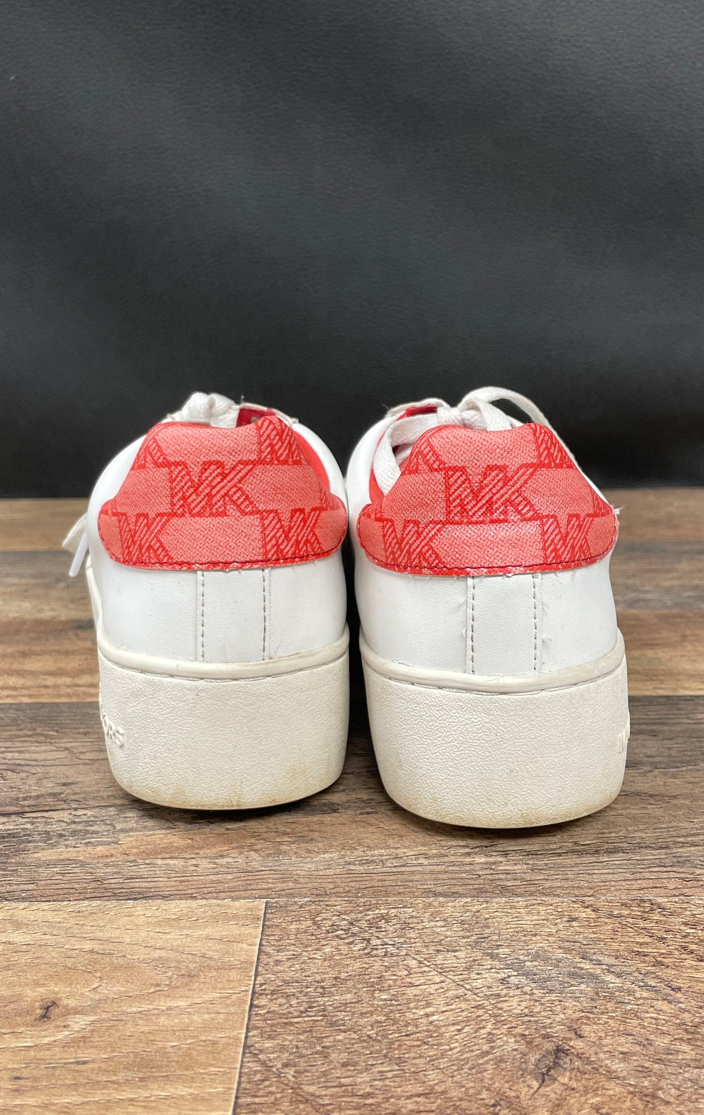 Michael Kors Irving Lace Up White Red Monogram Logo Platform Sneakers Size 7.5