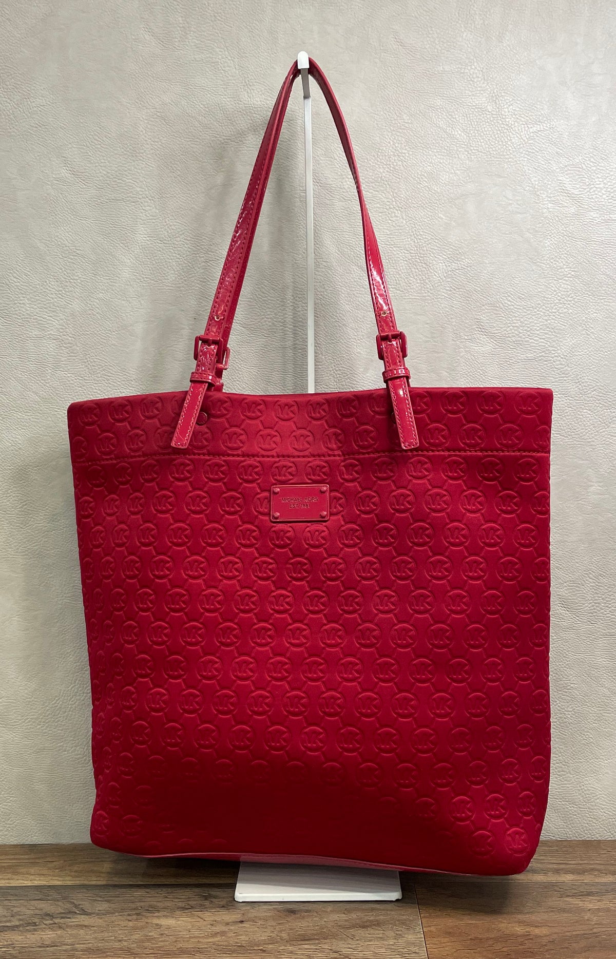 Michael Kors Red Embossed Neoprene MK Logo Tote Bag Patent Trim