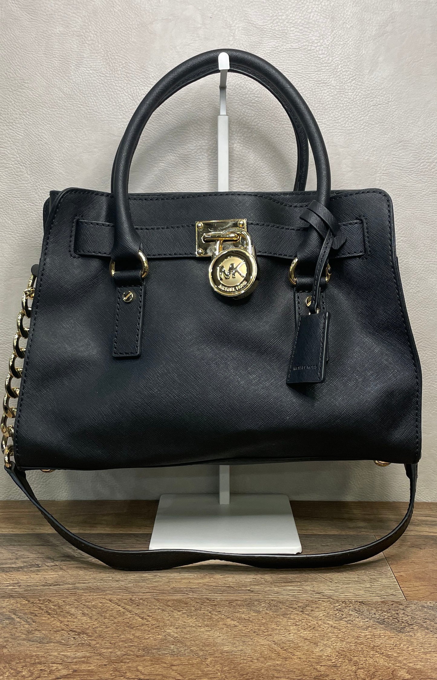 Michael Kors Black Saffiano Leather Hamilton Satchel Bag Gold Hardware