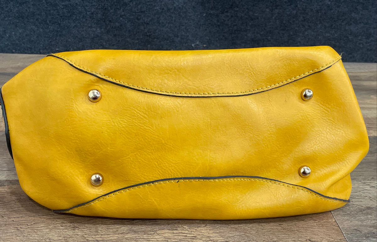 Yellow Leather Hobo Shoulder Bag Gold Tone Zipper Accents Large Tote
