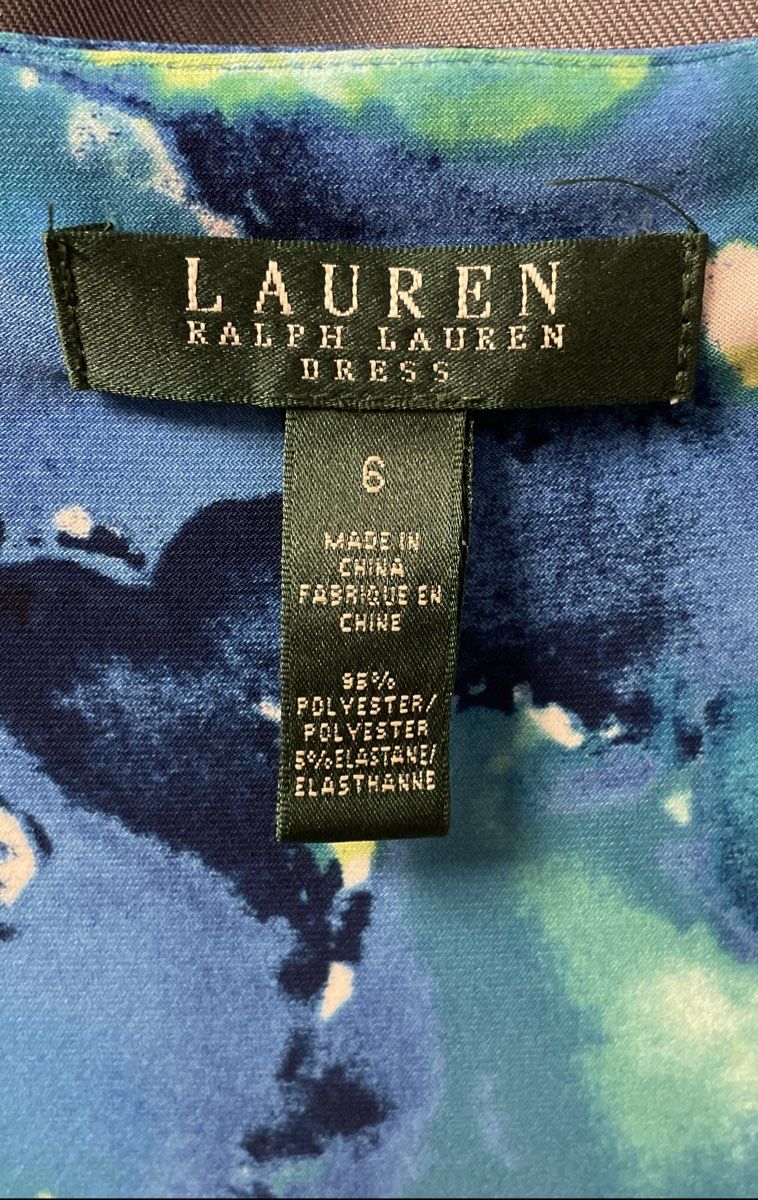 Lauren Ralph Lauren Blue Green Watercolor Floral Ruched Dress Sz 6