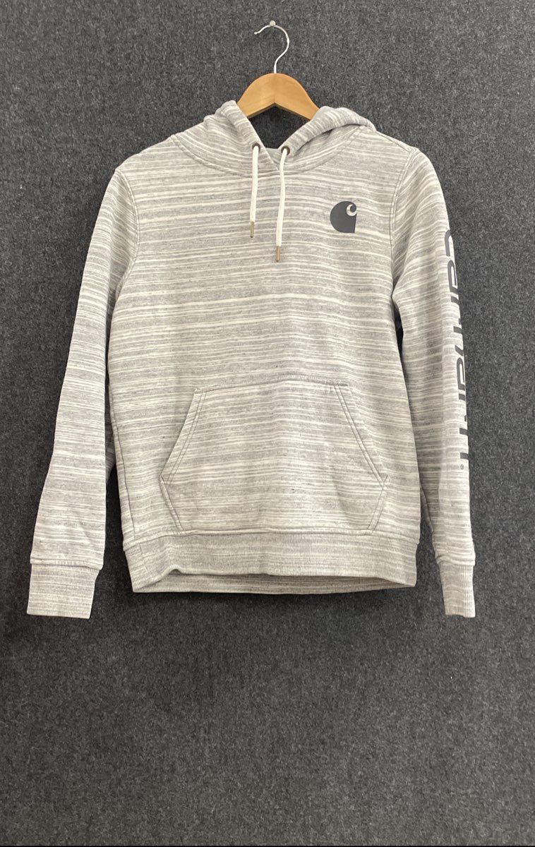Carhartt Women's Relaxed Fit Gray Striped Graphic Sleeve Hoodie Sz S