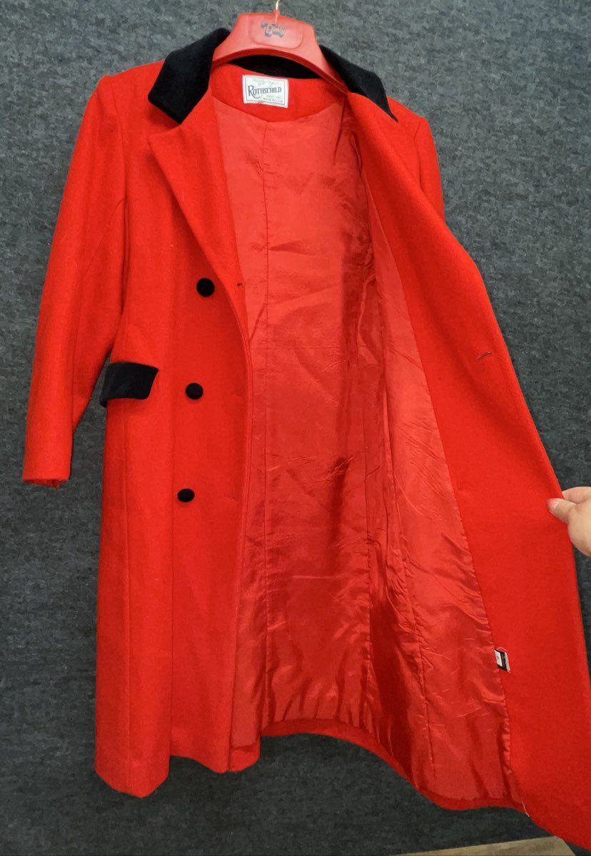 Vintage 90s Rothschild Girls Red Peacoat Velvet Trim Dress Coat Made in USA