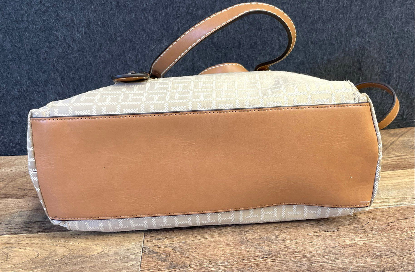 Tommy Hilfiger Tan Monogram Jacquard Crossbody Tote Bag Gold Tone Hardware