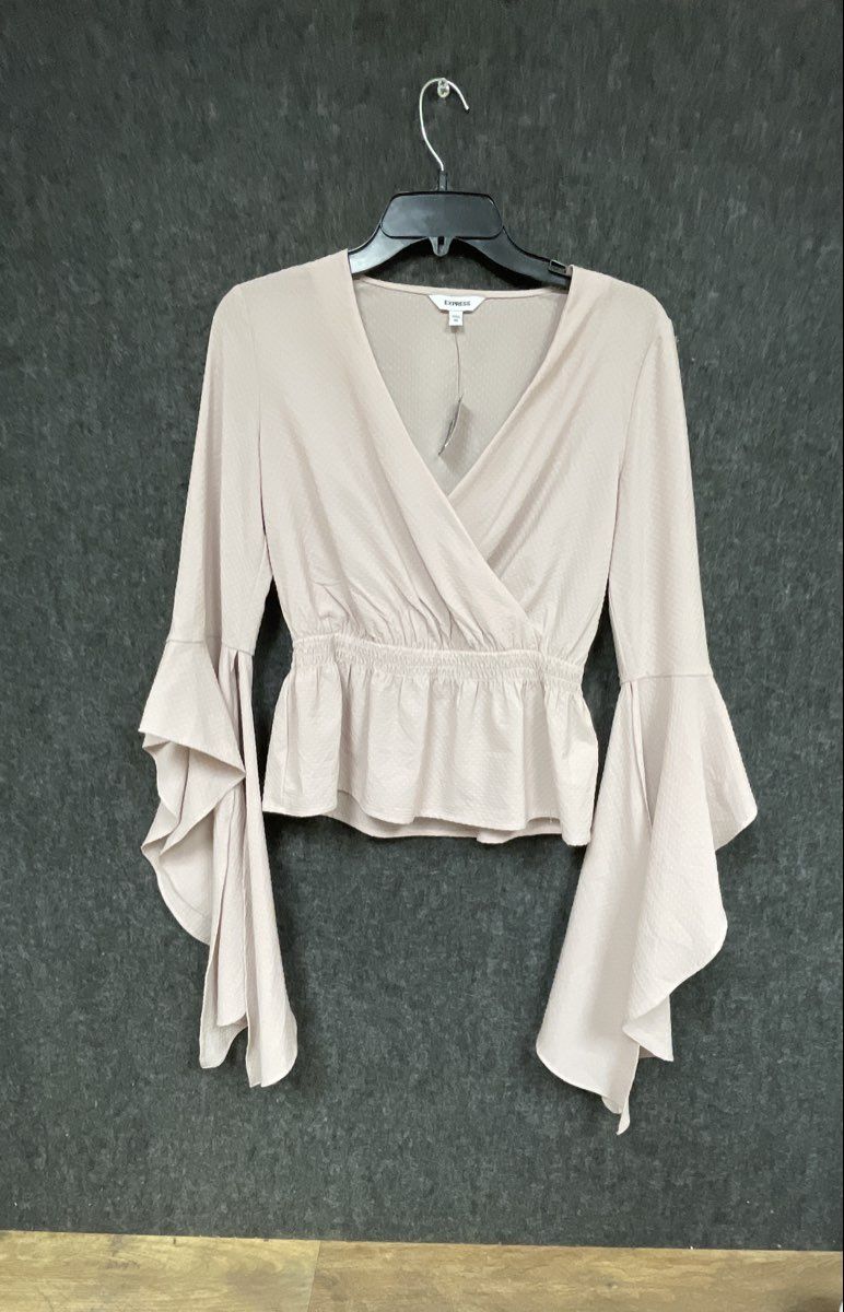 Express Women's Tan Wrap V-Neck Smocked Blouse Ruffle Bell Sleeve Sz XS NWT