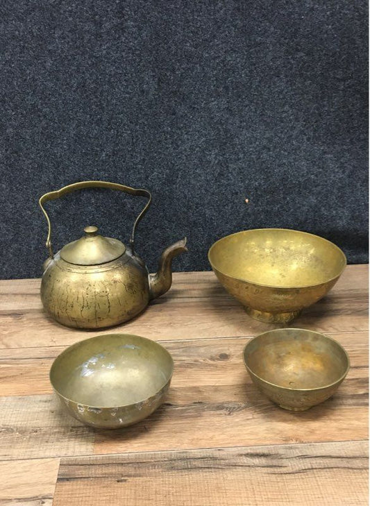 Vintage Brass Lot Teapot Kettle & 3 Engraved Bowls Decorative Set