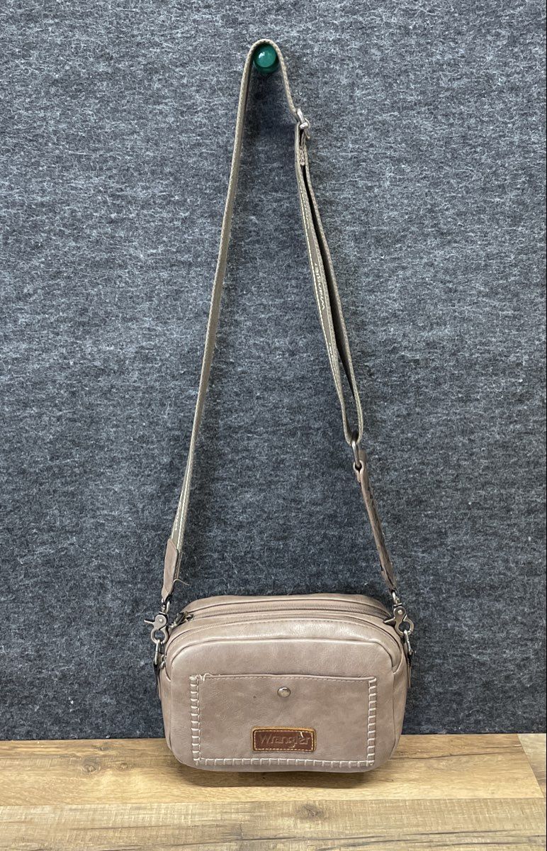 Wrangler Taupe Faux Leather Whipstitch Crossbody Bag Branded Strap