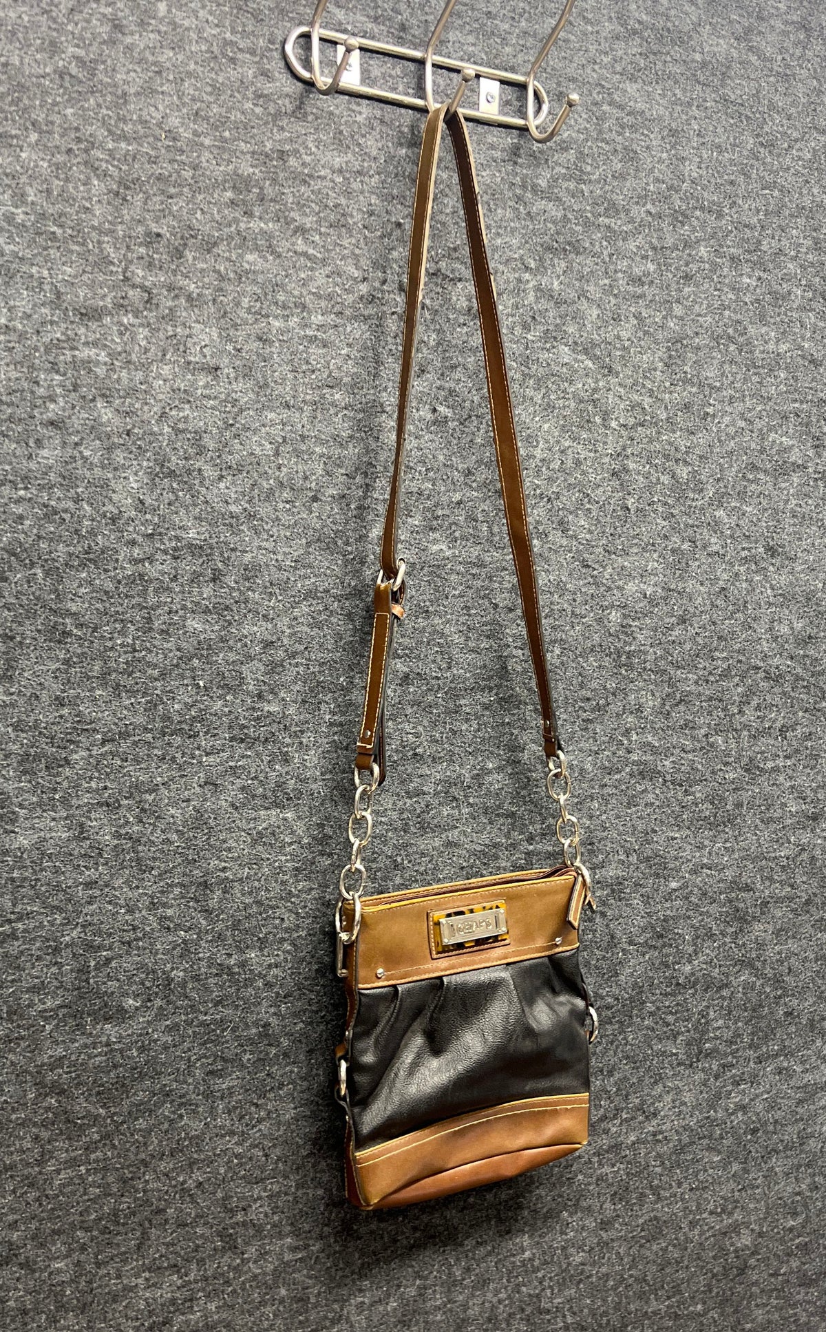Chaps Black Brown Pleated Crossbody Bag Chain Strap Shoulder Purse