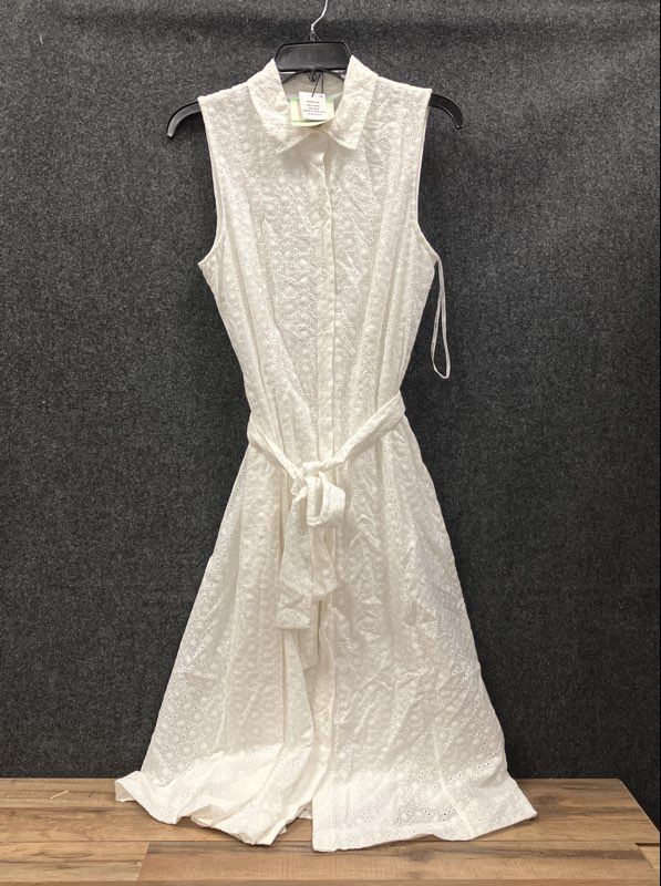 Anne Klein Women's Bright White Eyelet Sleeveless Button Front Shirt Dress NWT 8