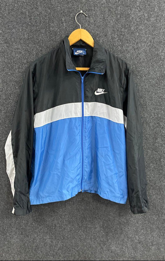 Vintage 90s Nike Men's Full Zip Windbreaker Jacket Black Blue Colorblock XL