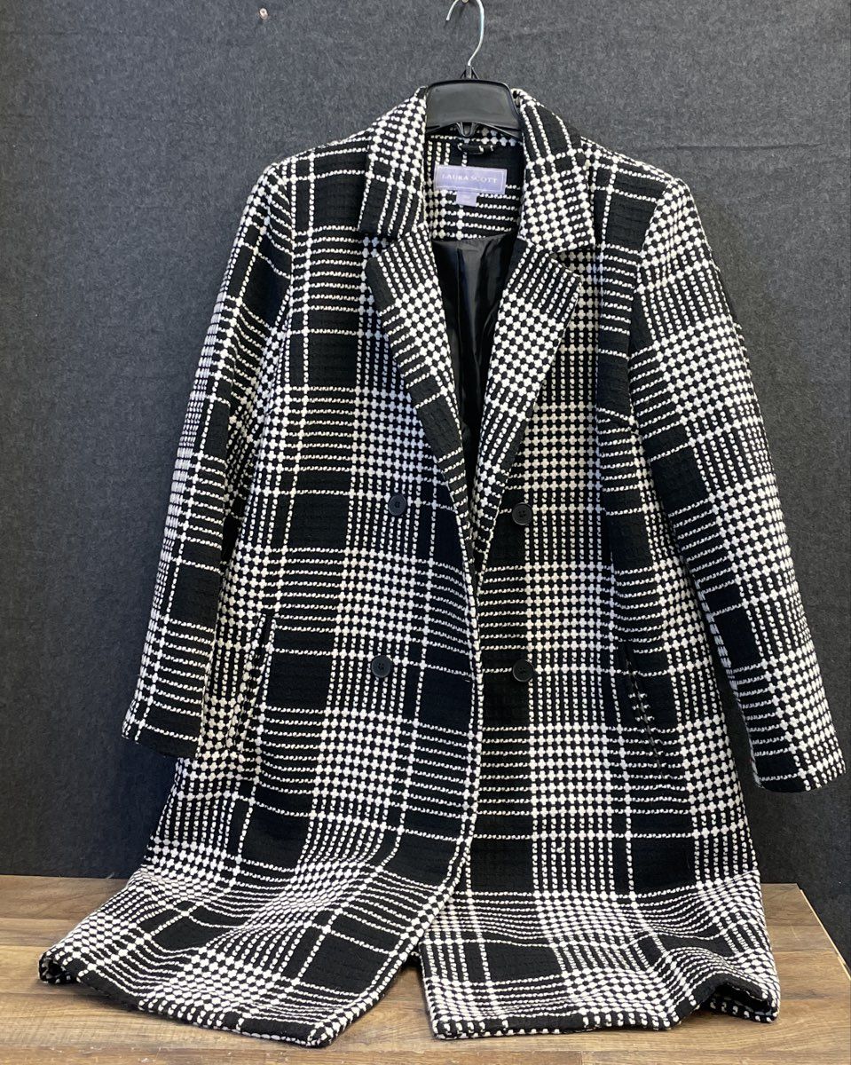 Laura Scott Women's Wool Blend Coat Black White Plaid Double Breasted Sz XL
