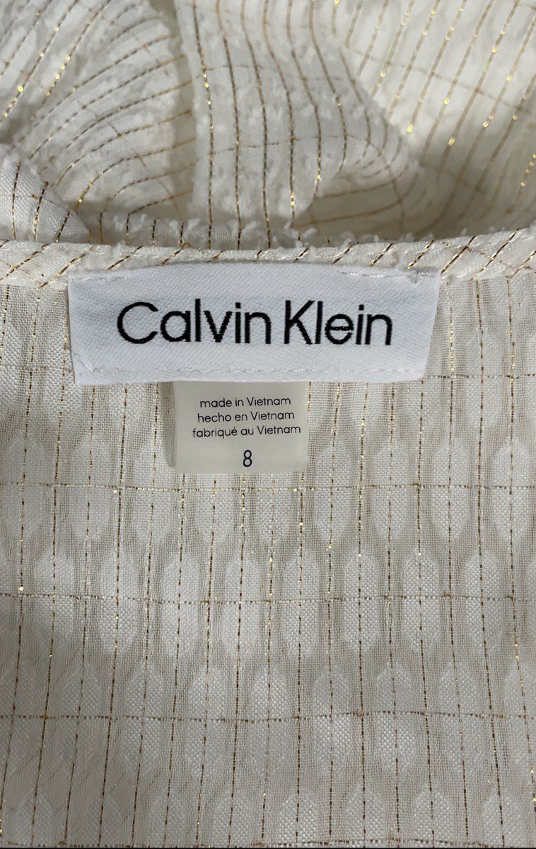 Calvin Klein Women's Cream White Metallic Stripe Tiered Faux Wrap Dress Sz 8 NWT