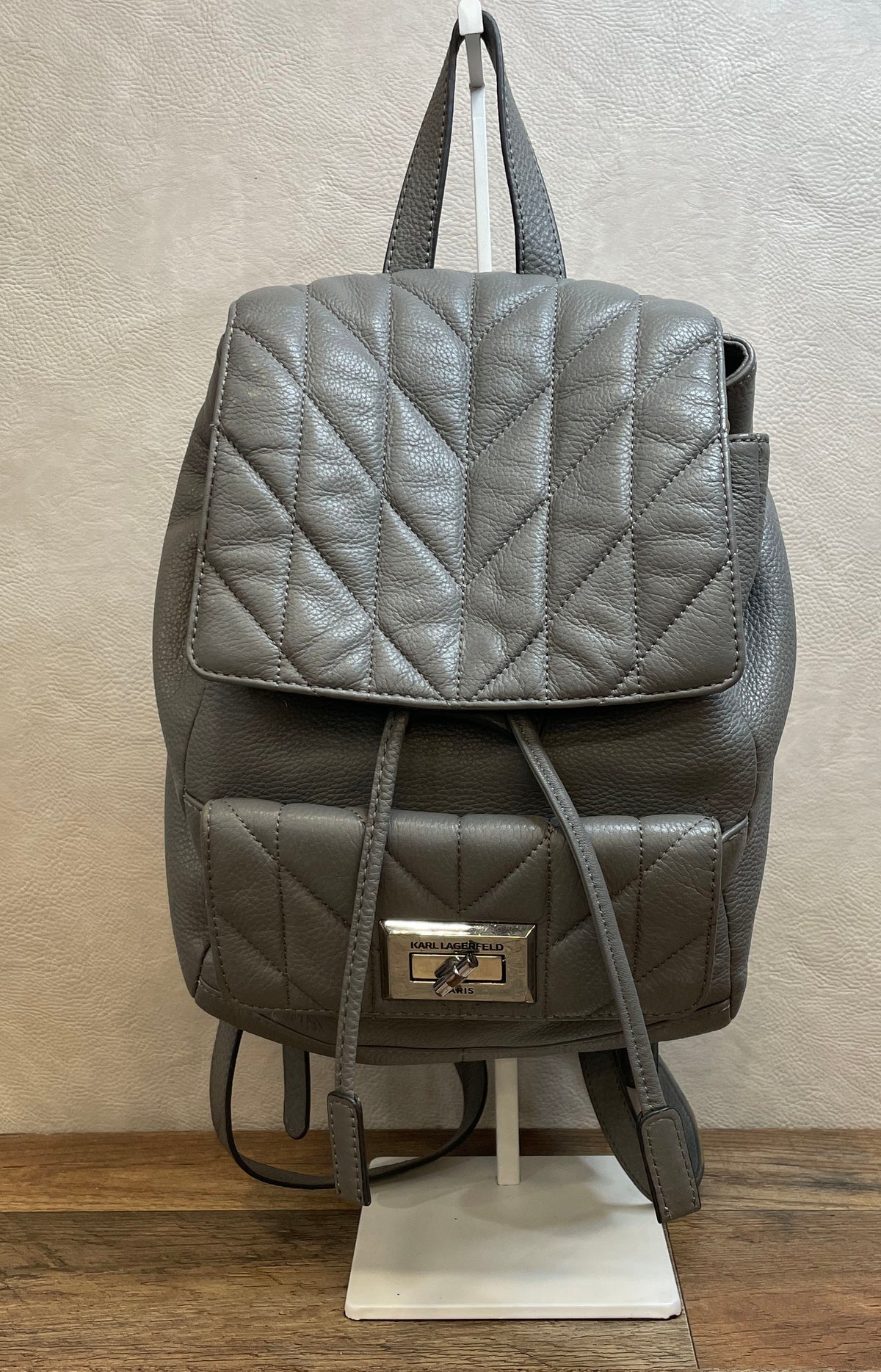 Karl Lagerfeld Gray Pebbled Leather Quilted Mini Backpack Silver Hardware