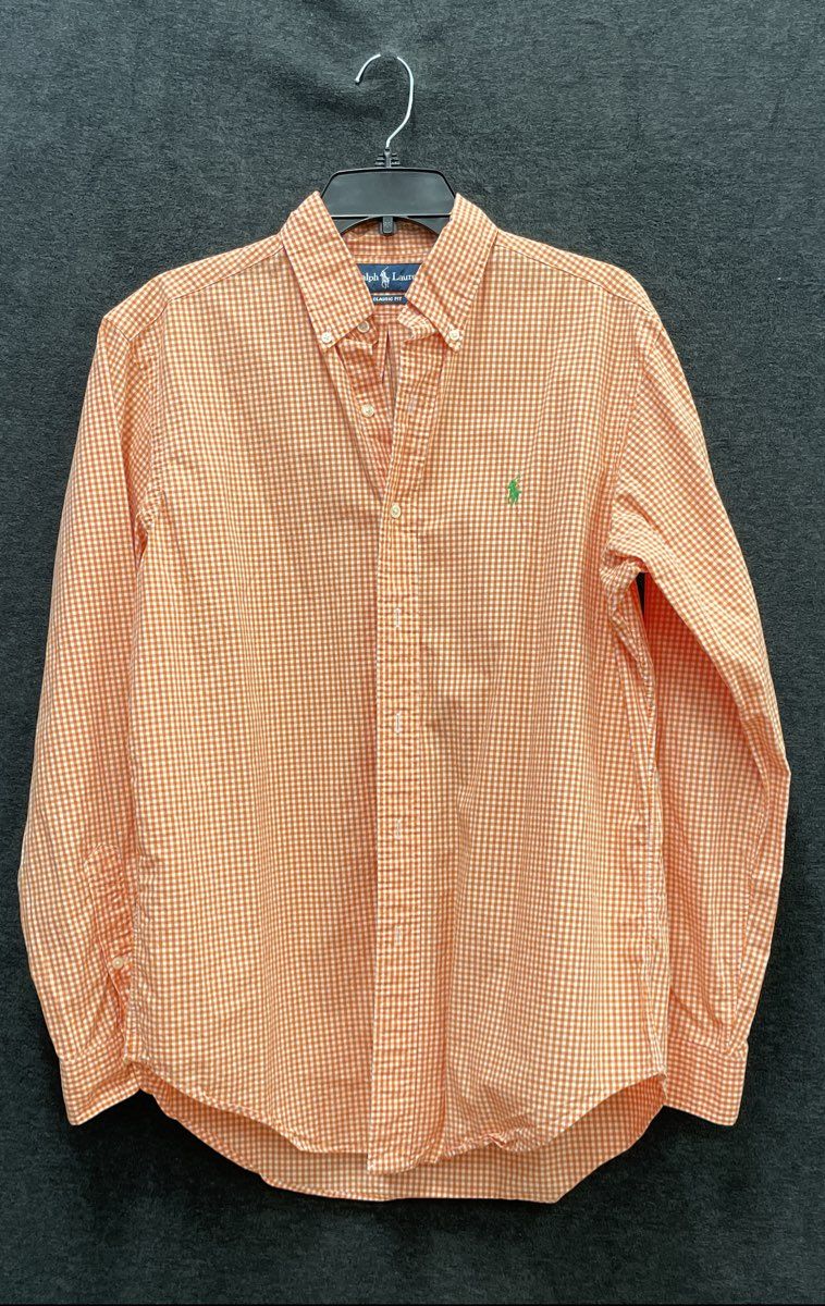 Ralph Lauren Men's Orange Gingham Plaid Classic Fit Button Down Shirt Sz M