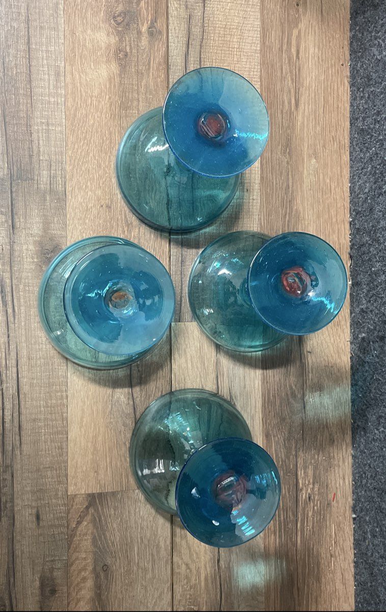 Hecho En Mexico Margarita Glasses Set of 4 Turquoise Blue Hand Blown Art Glass