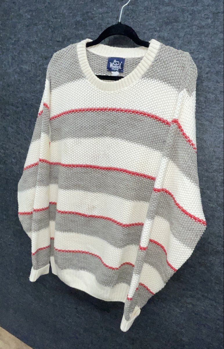 Vintage 90s Woolrich Men's Olive Gray Striped Cotton Crewneck Sweater Sz XL
