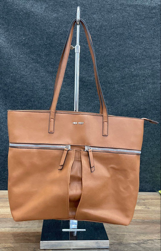 Nine West Brown Pebbled Tote Bag Large Silver Hardware Zip Top