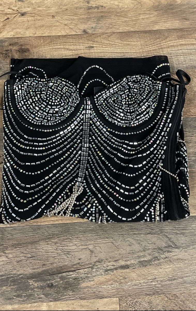 Windsor Women's Black Rhinestone Embellished Chain Bodycon Mini Dress Size S