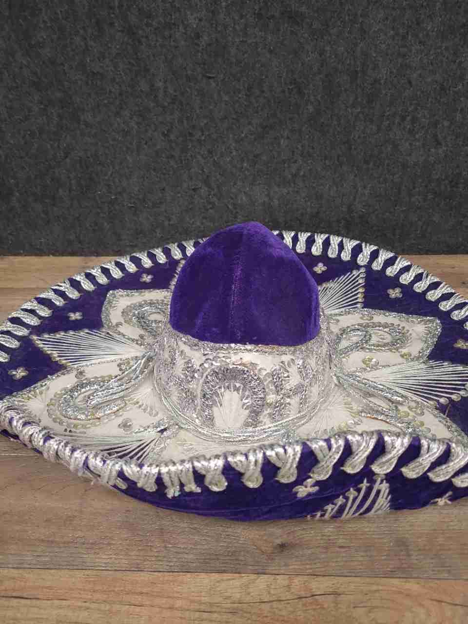 Vintage Pigalle Purple Velvet Mariachi Sombrero Silver Embroidered 21" Mexico