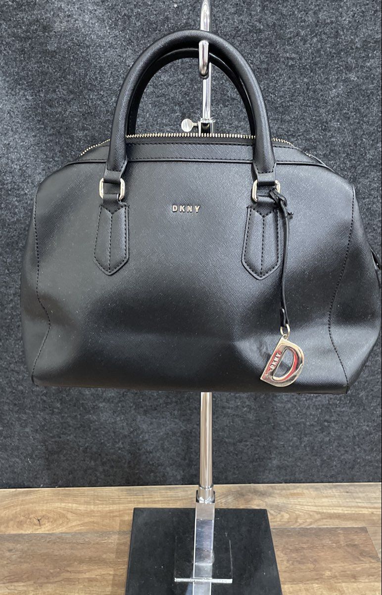 DKNY Black Saffiano Leather Dome Satchel Bag Silver Hardware Charm