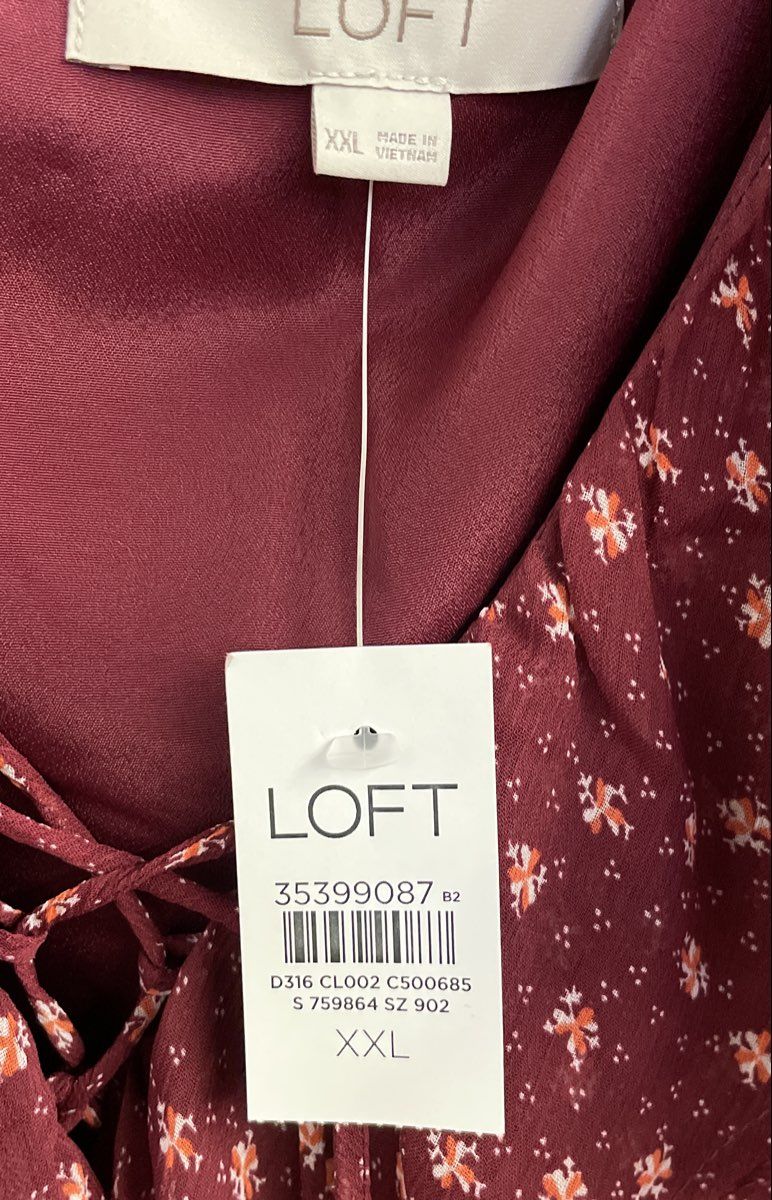 Loft Women's Burgundy Ruffle Neck Floral Print Puff Sleeve Dress XXL NWT