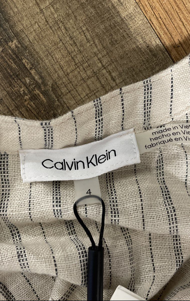 Calvin Klein Women's White Striped Linen Button Front Jumpsuit NWT Sz 4