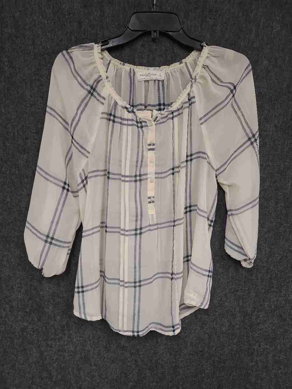 Abercrombie & Fitch Women's White Blue Plaid Sheer Henley Blouse Sz L
