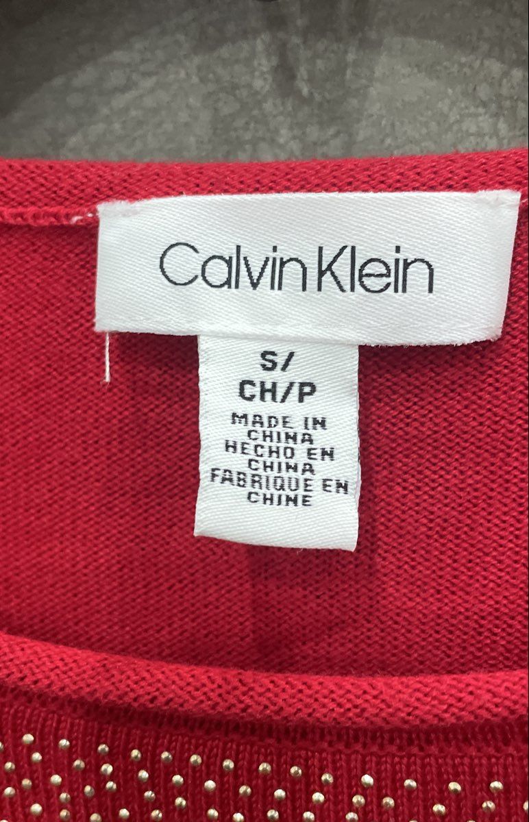 Calvin Klein Women's Red Studded Beaded Neckline Cotton Modal Sweater Sz S