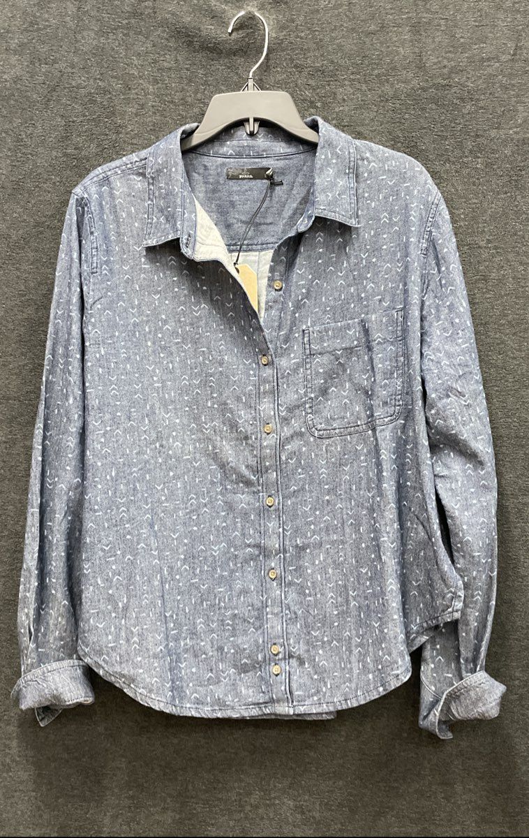 Prana Women's Blue Washed Out Denim Shirt Geometric Print Organic Cotton Sz L