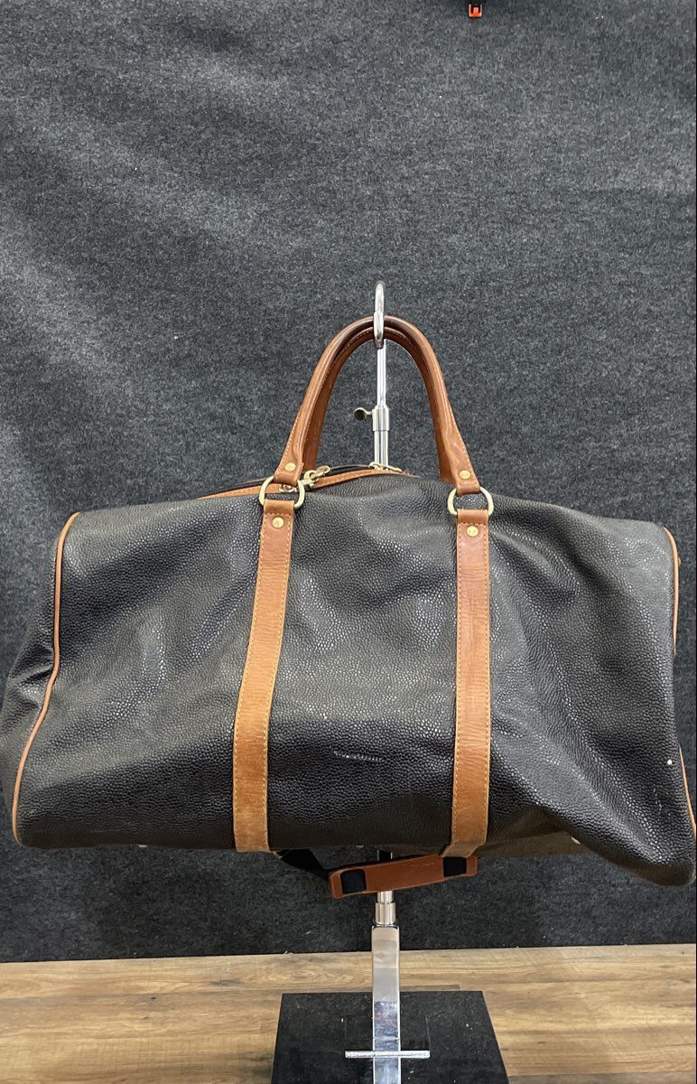 Toscano Black Pebbled Weekender Duffel Tote Bag Large Tan Leather Trim