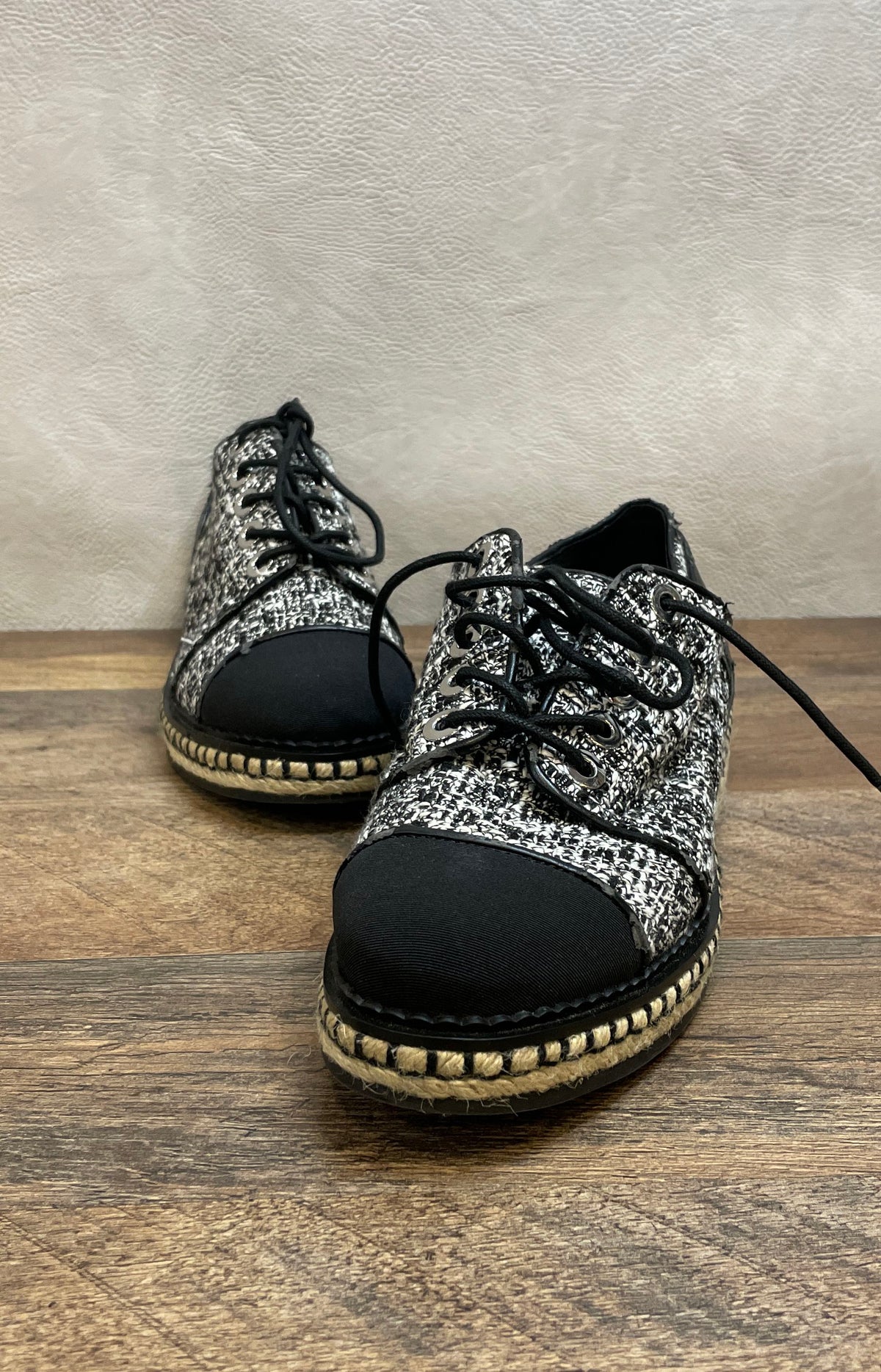 Karl Lagerfeld Lena Black White Tweed Espadrille Platform Sneakers Size 8