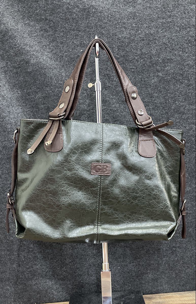 GB Green Textured Leather Tote Bag Brown Trim Gunmetal Hardware Large