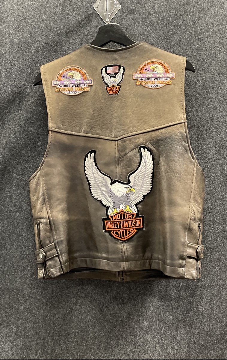 Unik Ultra Men's Brown Leather Vest Vintage Y2K Harley Davidson Patches Sz M
