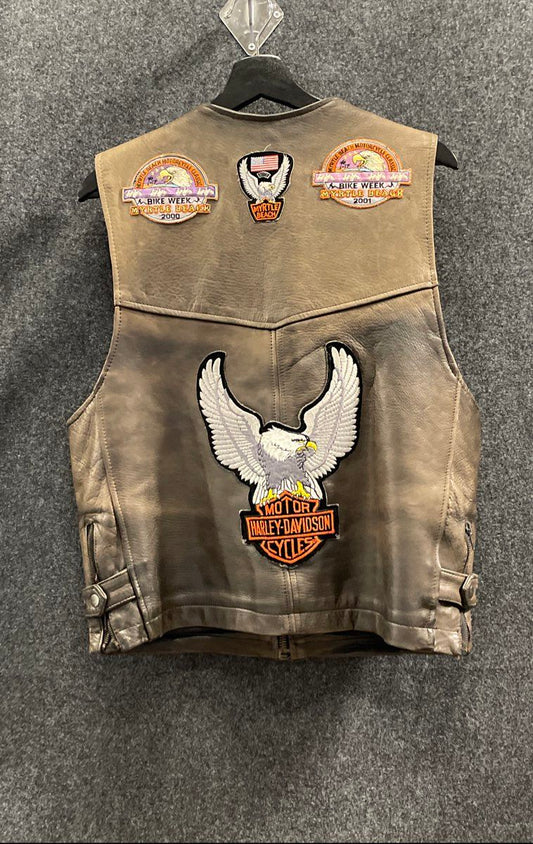 Unik Ultra Men's Brown Leather Vest Vintage Y2K Harley Davidson Patches Sz M